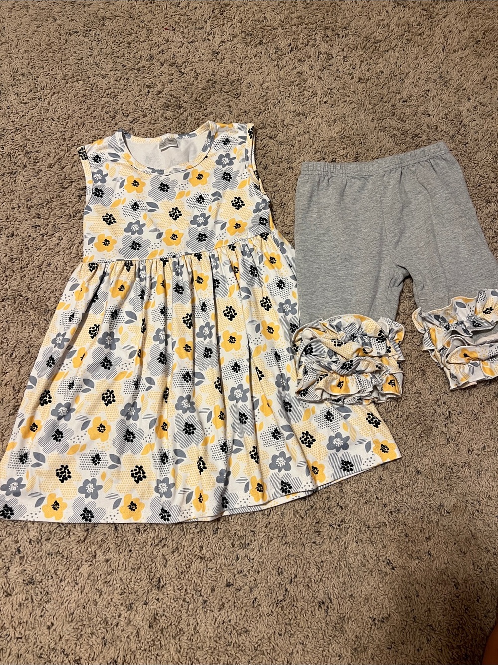 Girls Yellow & Gray Floral Sleeveless Dress with Ruffle Bike Shorts